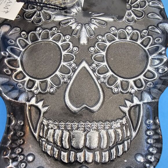 AKCAM Sugar Skull Black Silver 8”x6” Serving Dish Platter Goth Halloween Gothic - Picture 8 of 10